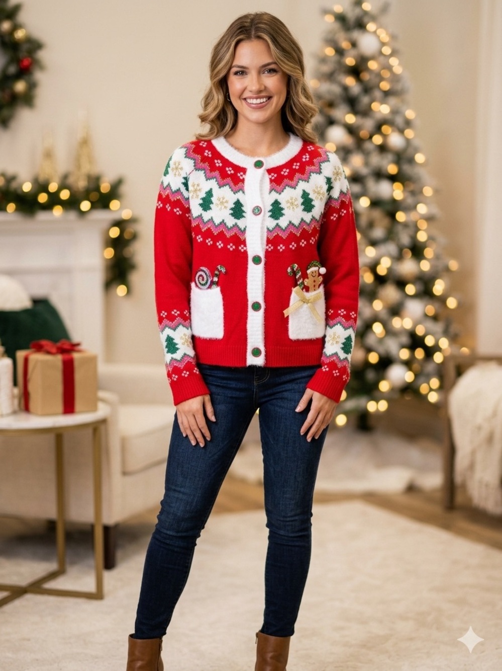 Women’s Christmas Red Holiday Fair Isle Button-Up embellished cardigan size 20